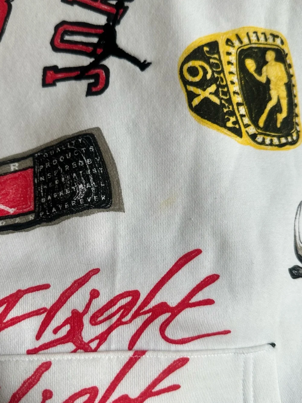 Jordan Men’s White Graphic Crewneck Hoodie with Red and Black Accents